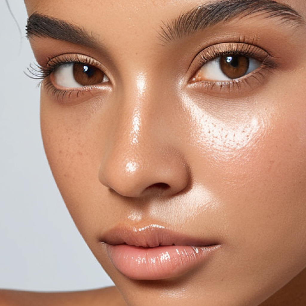 A close-up shot of a woman's face, showcasing a flawless makeup base. Focus on even skin tone, subtle contouring, and a dewy, radiant complexion. The look should be natural yet polished, emphasizing healthy, glowing skin. Soft, diffused lighting.