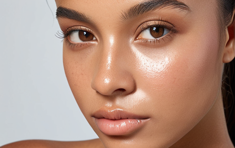A close-up shot of a woman's face, showcasing a flawless makeup base. Focus on even skin tone, subtle contouring, and a dewy, radiant complexion. The look should be natural yet polished, emphasizing healthy, glowing skin. Soft, diffused lighting.