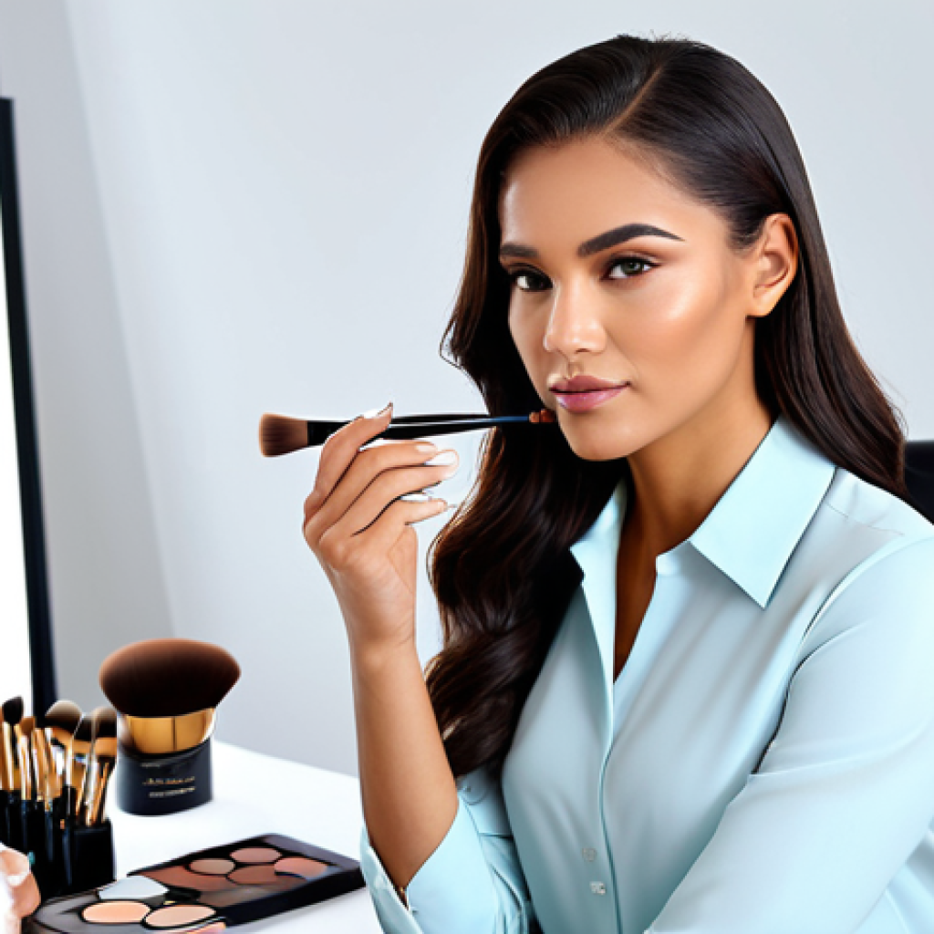 **
A professional makeup artist, fully clothed in a stylish blouse and tailored trousers, applying flawless foundation to a client in a bright, modern studio. Soft, diffused lighting, high-quality makeup brushes, and a clean, organized workspace. Focus on perfect skin texture and color matching. Safe for work, appropriate content, professional, modest. Perfect anatomy, correct proportions, natural pose, well-formed hands, proper finger count, natural body proportions.
**