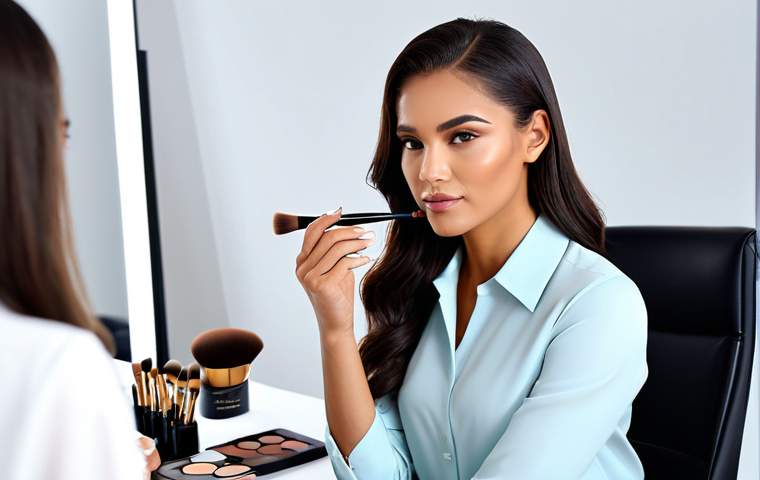 **

A professional makeup artist, fully clothed in a stylish blouse and tailored trousers, applying flawless foundation to a client in a bright, modern studio. Soft, diffused lighting, high-quality makeup brushes, and a clean, organized workspace. Focus on perfect skin texture and color matching. Safe for work, appropriate content, professional, modest. Perfect anatomy, correct proportions, natural pose, well-formed hands, proper finger count, natural body proportions.

**