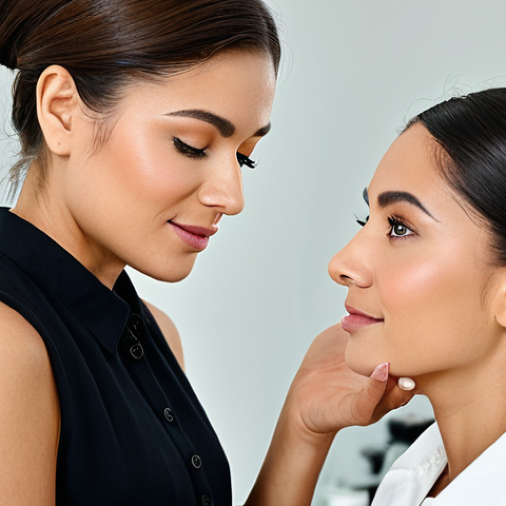 Everyday Glamour**
A professional female makeup artist applying natural, subtle makeup to a client in a bright studio. The client is fully clothed in modest casual wear. Focus on the artist's technique and the client's enhanced, yet natural, beauty. Soft, diffused lighting. Perfect anatomy, correct proportions, natural pose. Professional photography, high quality, safe for work, appropriate content, fully clothed, modest.
**
