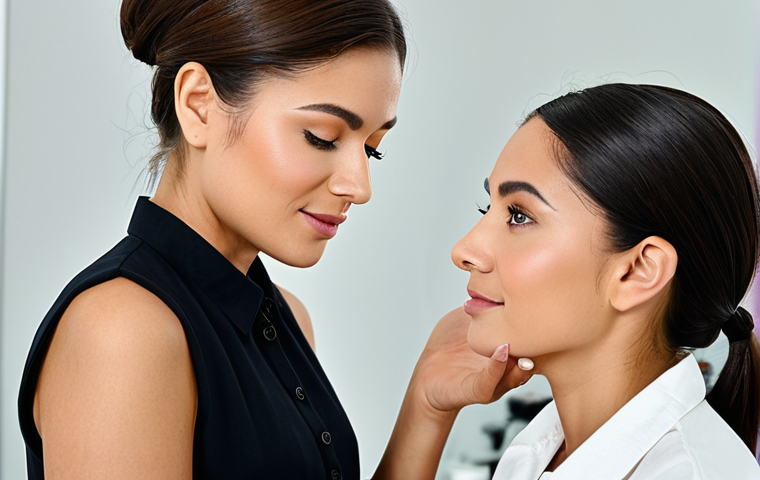Everyday Glamour**
A professional female makeup artist applying natural, subtle makeup to a client in a bright studio. The client is fully clothed in modest casual wear. Focus on the artist's technique and the client's enhanced, yet natural, beauty. Soft, diffused lighting. Perfect anatomy, correct proportions, natural pose. Professional photography, high quality, safe for work, appropriate content, fully clothed, modest.
**