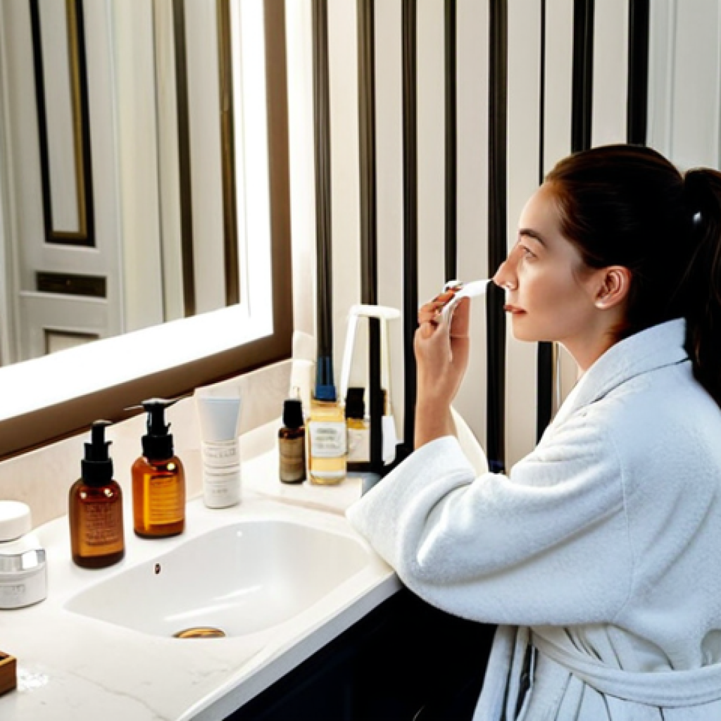 French Skincare Routine**
"A well-lit bathroom interior in Paris, featuring a woman with flawless skin applying a facial serum, fully clothed in a modest robe, soft lighting, safe for work, appropriate content, professional, perfect anatomy, correct proportions, natural pose, showcasing skincare products like hyaluronic acid serum, bottles from аптека in background, clean and elegant aesthetic."
**