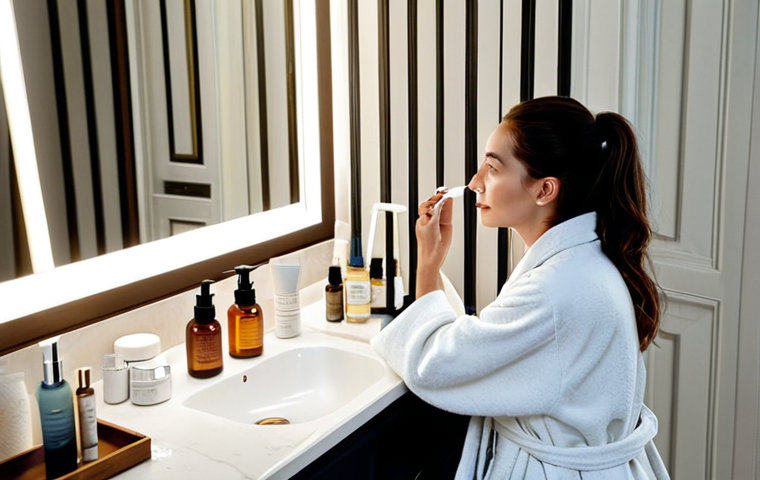 French Skincare Routine**

"A well-lit bathroom interior in Paris, featuring a woman with flawless skin applying a facial serum, fully clothed in a modest robe, soft lighting, safe for work, appropriate content, professional, perfect anatomy, correct proportions, natural pose, showcasing skincare products like hyaluronic acid serum, bottles from аптека in background, clean and elegant aesthetic."

**