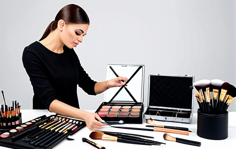 메이크업아티스트가 추천하는 필수 도구 - Professional Makeup Artist Setup**
"A professional makeup artist at work, surrounded by various mak...