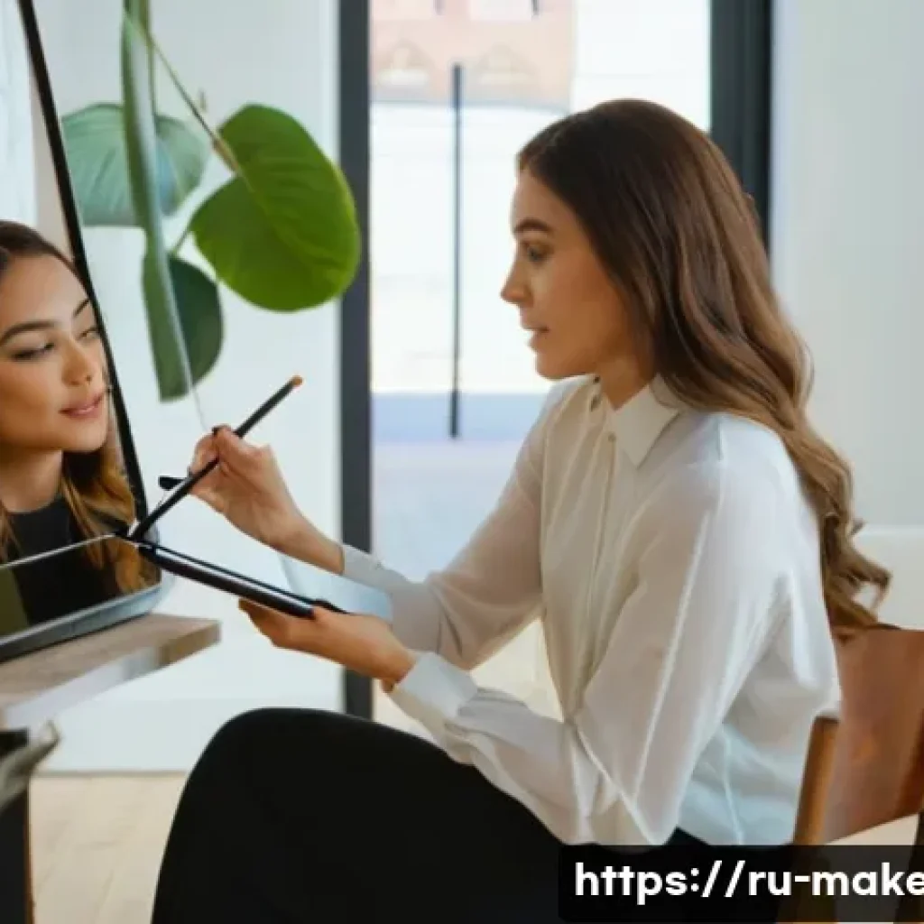 메이크업아티스트와 고객 소통 사례 - **Prompt:** A female makeup artist, with a kind and understanding expression, gently observing her f...