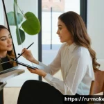 메이크업아티스트와 고객 소통 사례 - **Prompt:** A female makeup artist, with a kind and understanding expression, gently observing her f...