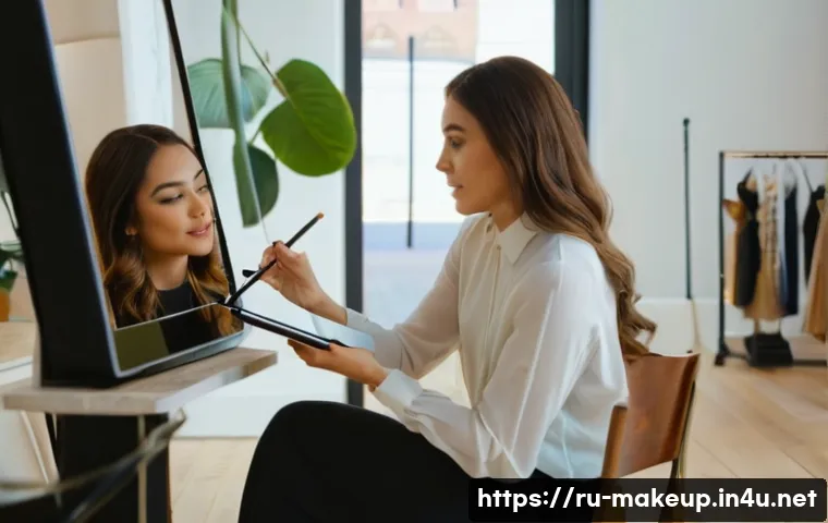 메이크업아티스트와 고객 소통 사례 - **Prompt:** A female makeup artist, with a kind and understanding expression, gently observing her f...