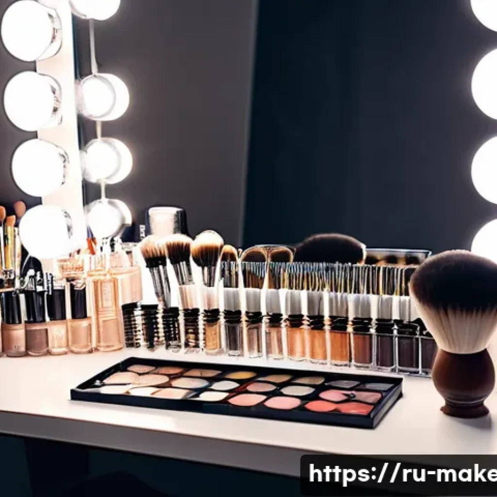 메이크업아티스트로서의 성장 스토리 - A professional makeup artist's workspace featuring an organized vanity table with transparent contai...