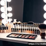 메이크업아티스트로서의 성장 스토리 - A professional makeup artist's workspace featuring an organized vanity table with transparent contai...