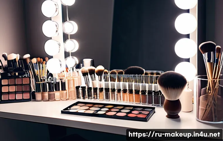 메이크업아티스트로서의 성장 스토리 - A professional makeup artist's workspace featuring an organized vanity table with transparent contai...