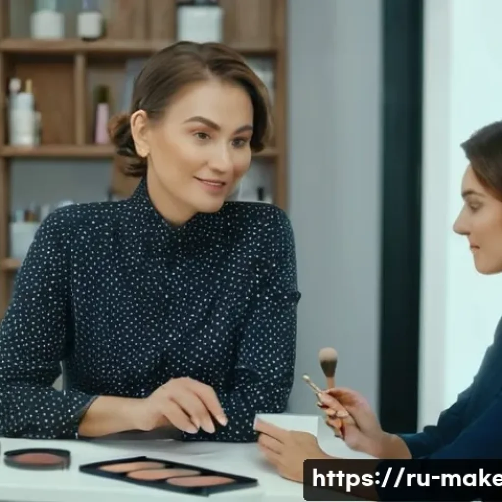메이크업아티스트의 고객 관리 방법 - A professional makeup artist attentively listening to a middle-aged Russian woman client in a cozy, ...
