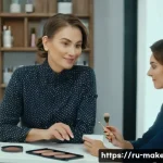 Home 21 메이크업아티스트의 고객 관리 방법 - A professional makeup artist attentively listening to a middle-aged Russian woman client in a cozy, ...