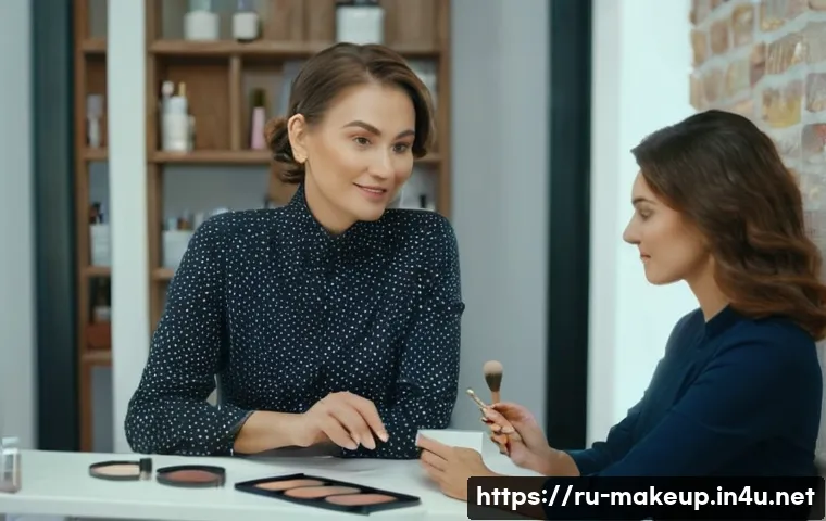 메이크업아티스트의 고객 관리 방법 - A professional makeup artist attentively listening to a middle-aged Russian woman client in a cozy, ...