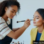 Home 19 메이크업아티스트 현장 경험 쌓는 법 - A young professional makeup artist practicing makeup application on a female friend in a bright, mod...