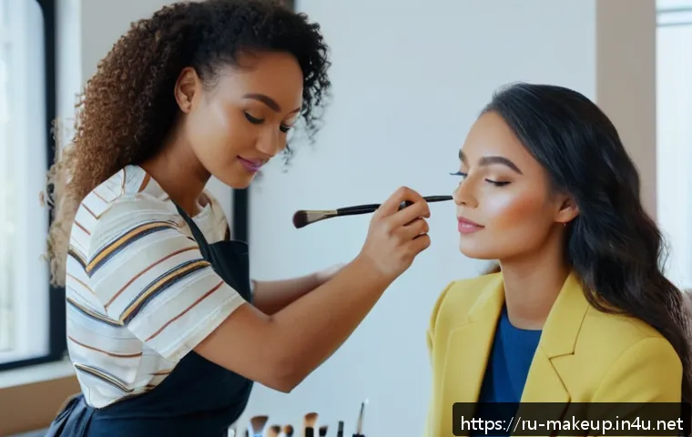 메이크업아티스트 현장 경험 쌓는 법 - A young professional makeup artist practicing makeup application on a female friend in a bright, mod...