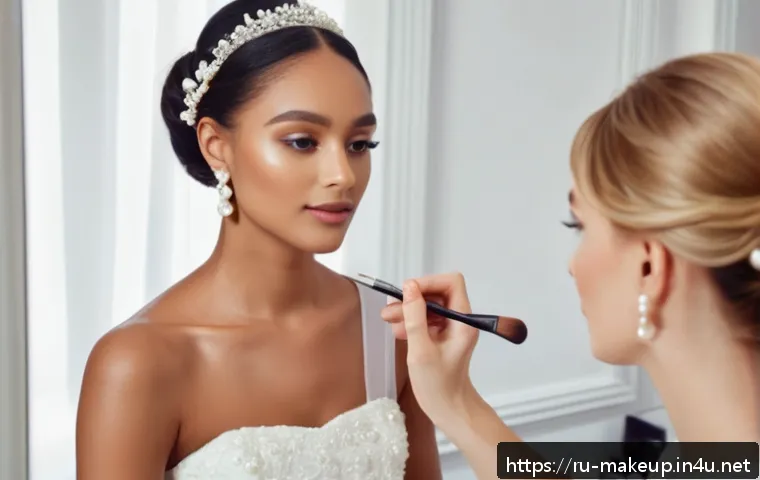 메이크업아티스트 해외 취업 준비 가이드 - A professional makeup artist in a modern Parisian beauty studio, applying elegant bridal makeup on a...