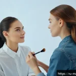 Home 23 메이크업아티스트 직업 윤리와 에티켓 - A professional makeup artist working attentively in a modern, well-lit studio with a Russian female ...