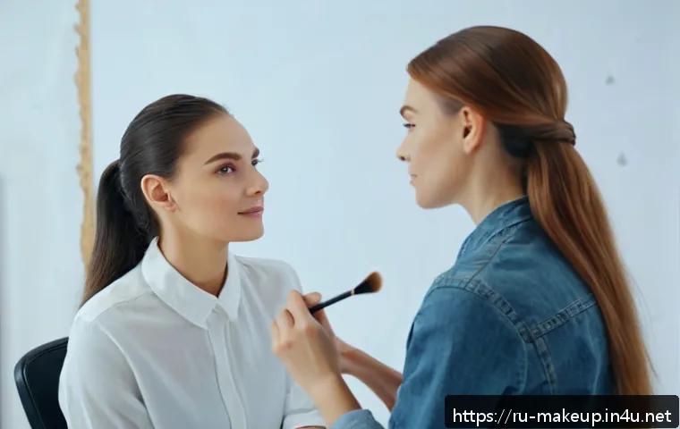 메이크업아티스트 직업 윤리와 에티켓 - A professional makeup artist working attentively in a modern, well-lit studio with a Russian female ...