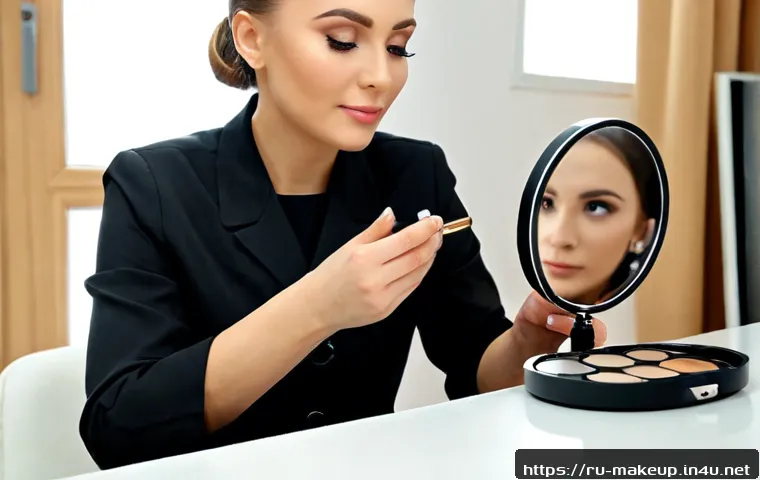 Home 17 메이크업아티스트의 고객 불만 해결 방법 - Photorealistic Russian makeup studio consultation, a calm professional makeup artist in modest black...