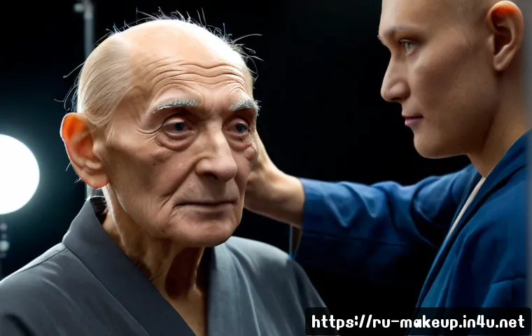 Home 17 메이크업아티스트의 특수 분장 사례 - Photorealistic close-up of a professional special-effects makeup artist applying a realistic elderly...